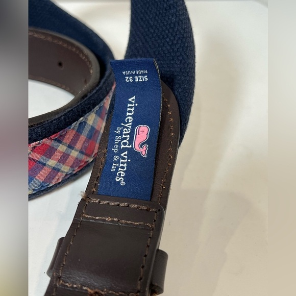 Men's Vineyard Vines Size 32 Plaid Leather Belt with Gold Buckle - Picture 4 of 10